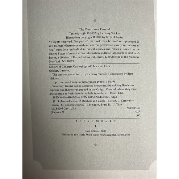 THE CARNIVOROUS CARNIVAL Book 9 Lemony Snicket 1st Edition 1st Printing USA Ed. - Picture 8 of 9